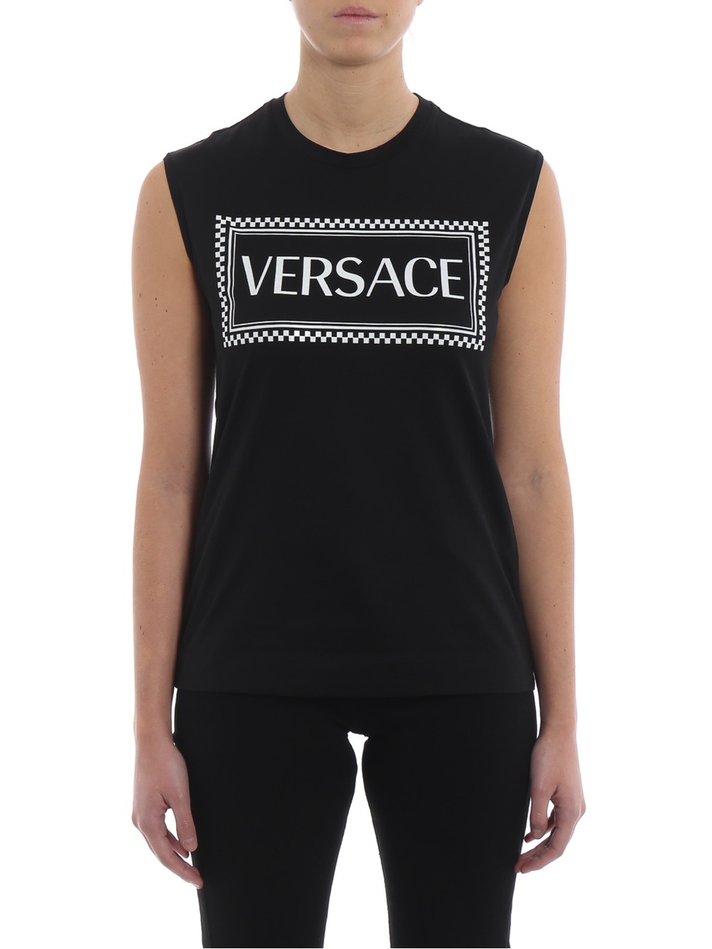 Versace Black and White Embroidered Logo Sleeveless Tank